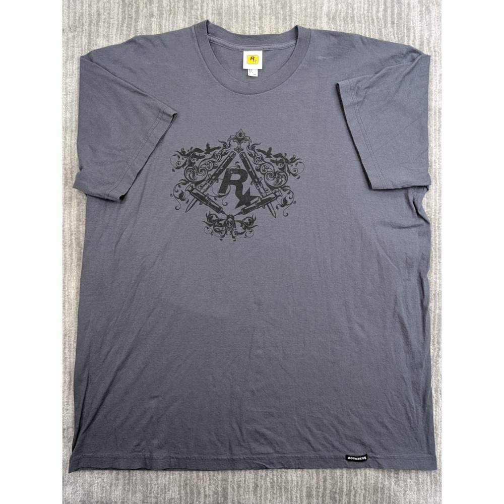 Vintage Rockstar Games Logo Knives Graphic T Shirt Mens 2XL Gray Promo 1998